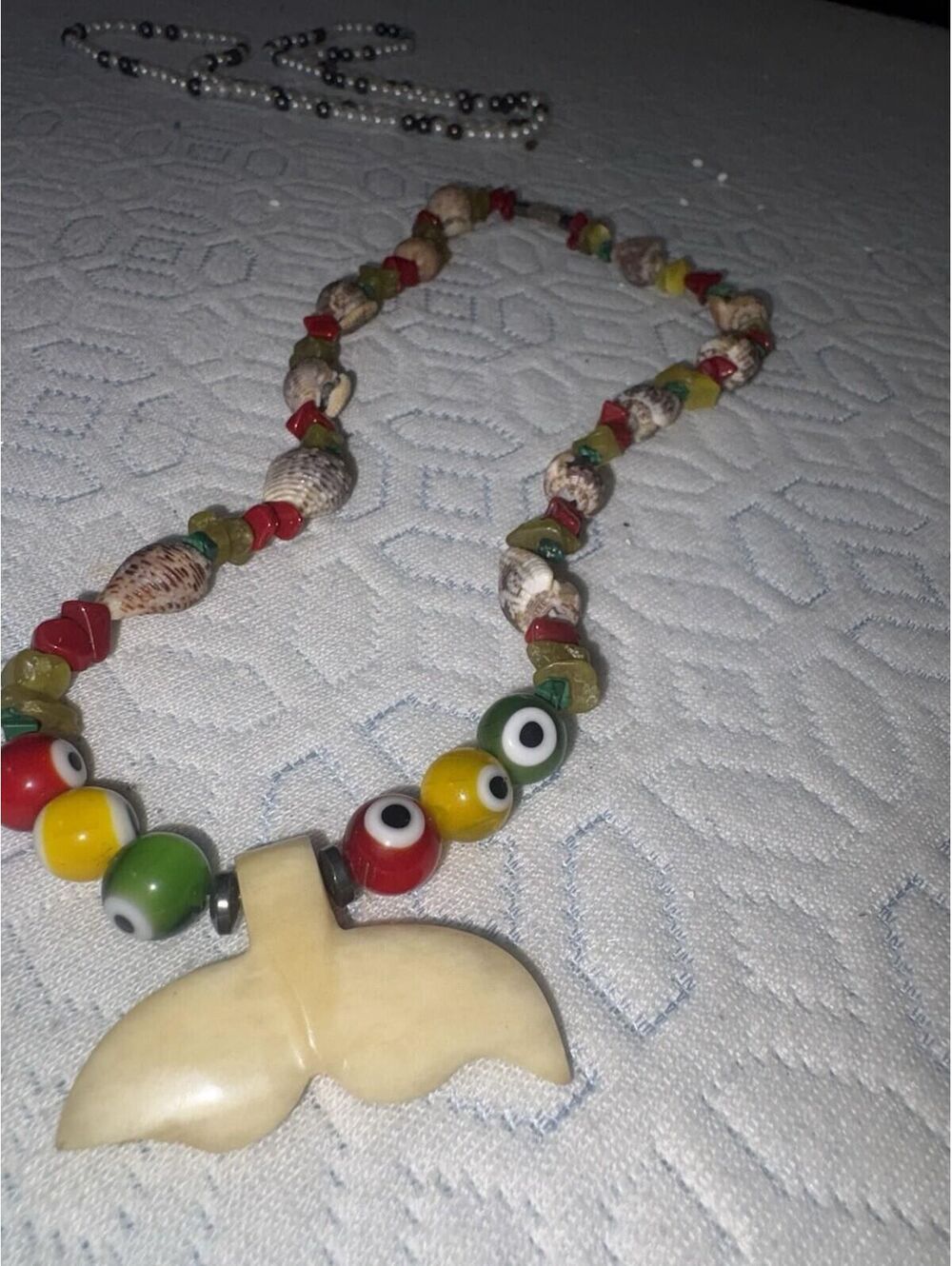 Coral And Jade Whale Bone Necklace With Evil Eye